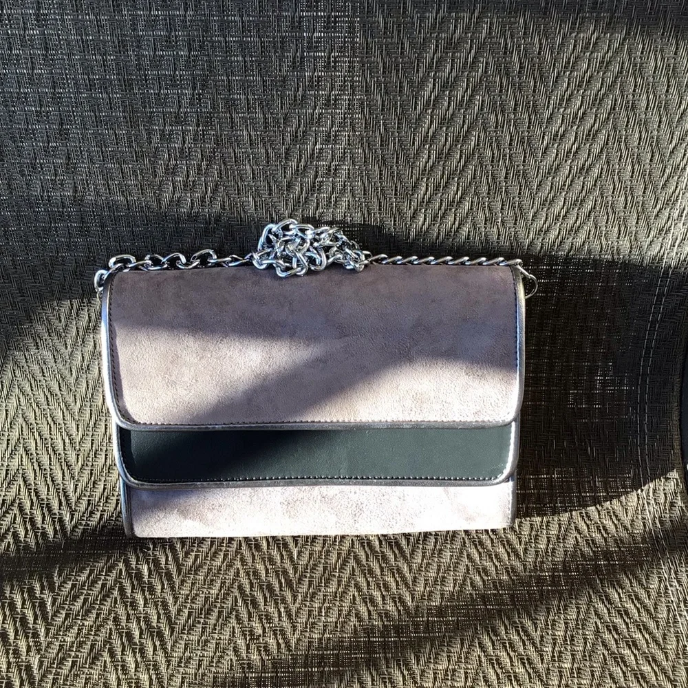 Mellow Yellow Gray Suede/ Black Leather Clutch Shoulder Bag